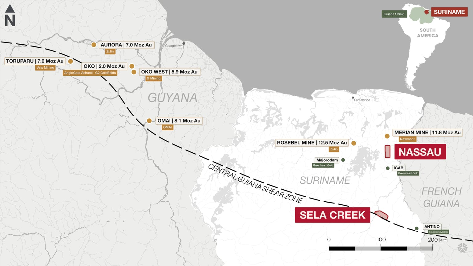 Regional gold-endowment map of the Guiana Shield across Guyana and Suriname, plotting multi-million-ounce deposits along the Central Guiana Shear Zone — Aurora (7.0 Moz), Toruparu (7.0 Moz), Oko West (5.9 Moz), Omai (8.1 Moz), Rosebel (12.5 Moz) and Merian (11.8 Moz) — with Miata's Sela Creek and Nassau projects on the same structural corridor