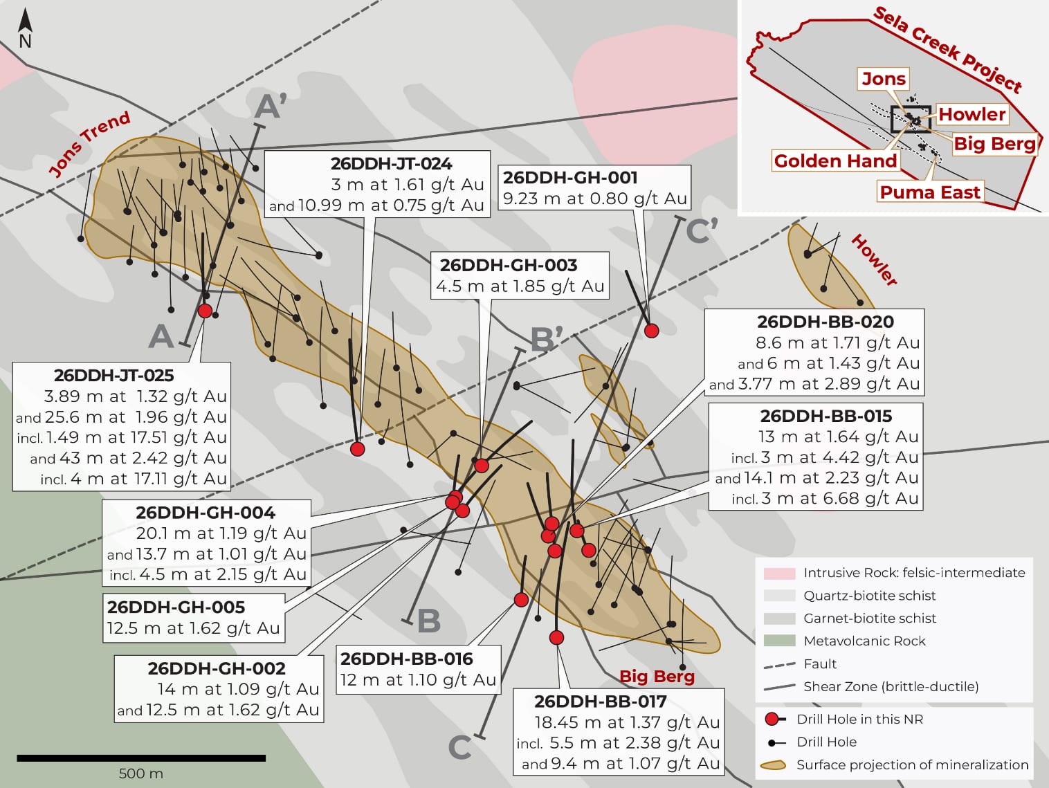 Plan view showing the Jons Trend and Big Berg zones connecting through drilling, with drill collars and traces and interpreted mineralized zones.