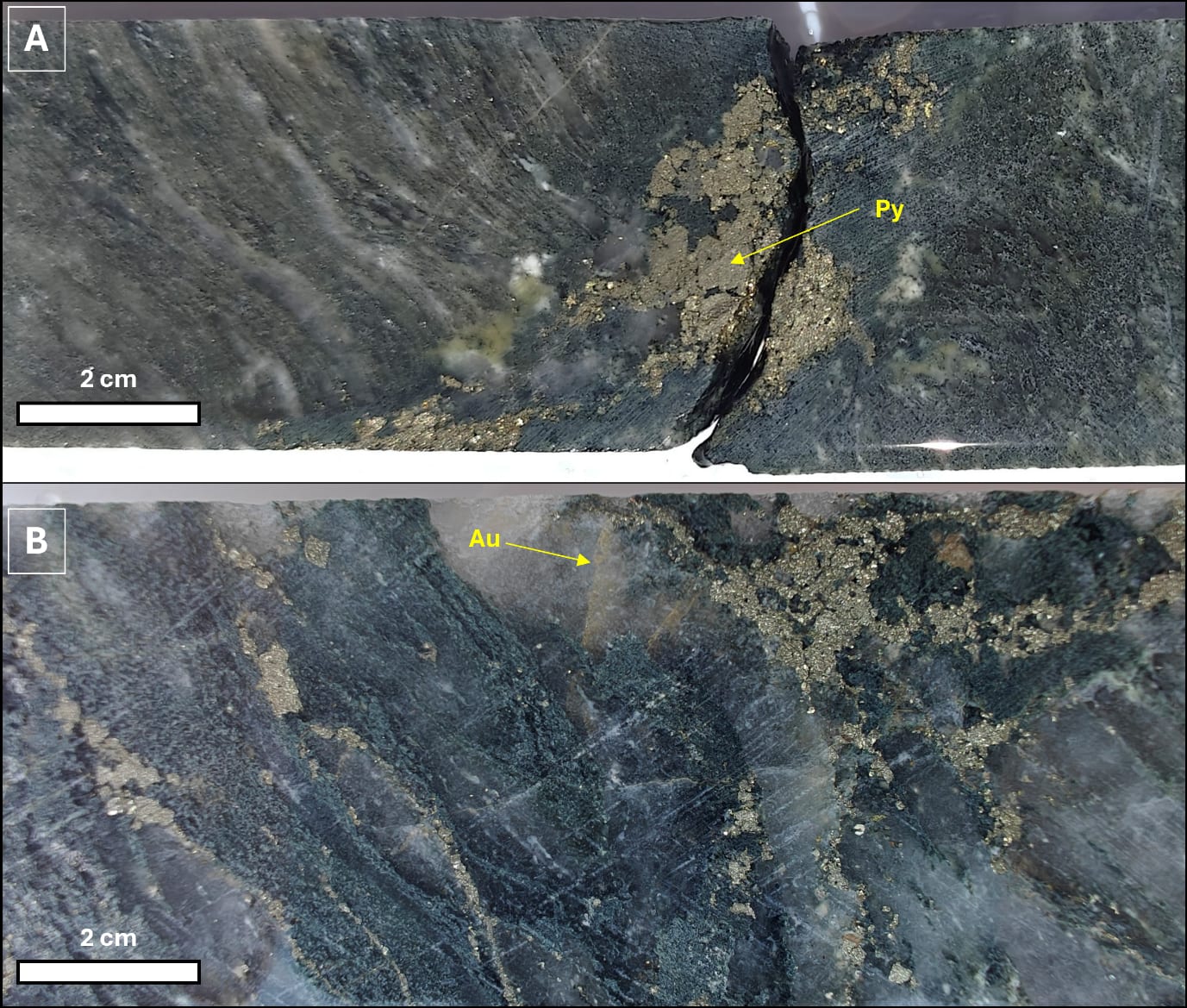 Core photographs from the JT-026 high-grade interval showing silica-sulfide brecciation, quartz veining and visible gold.