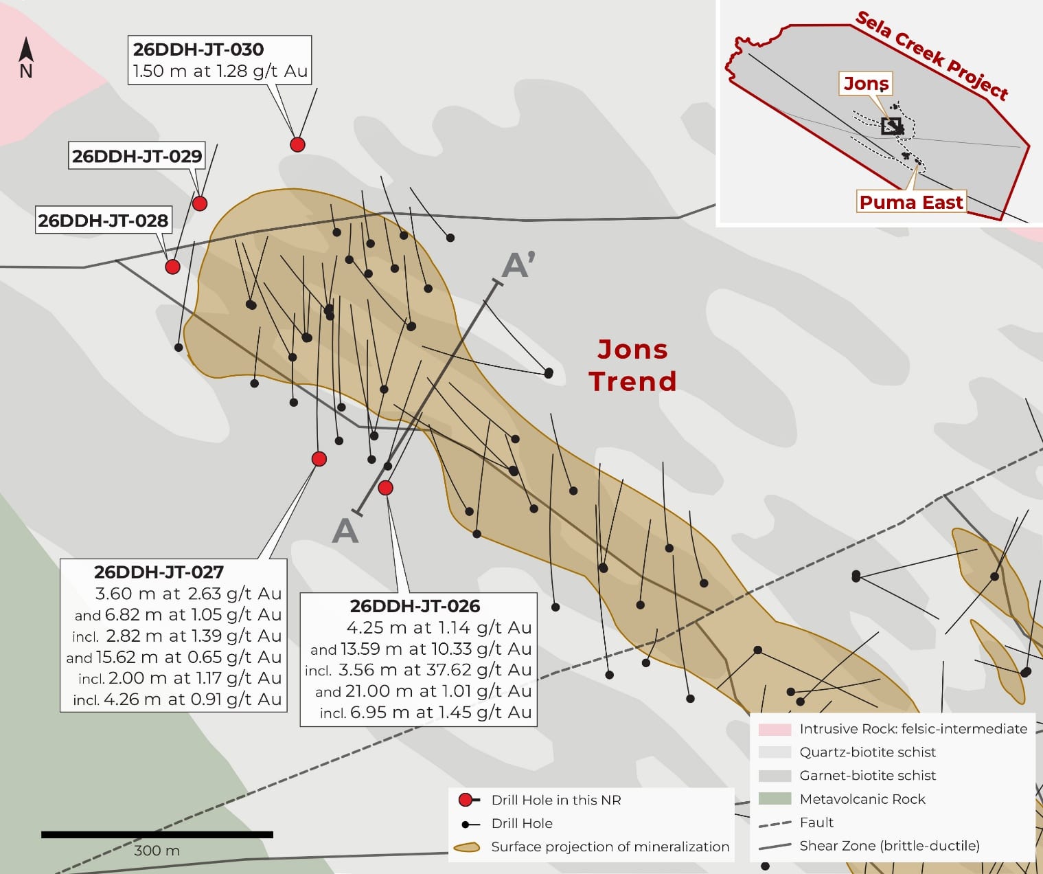 Plan view of Jons Trend highlighting JT-026 through JT-030 and the location of previously reported hole JT-025.