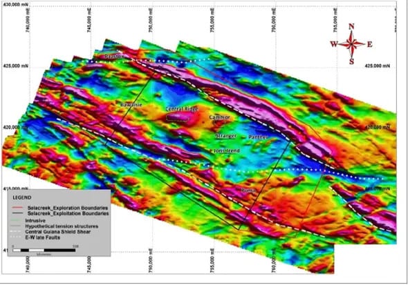 Historical magnetic survey flown at 100 m spacing over the Sela Creek Gold Project.