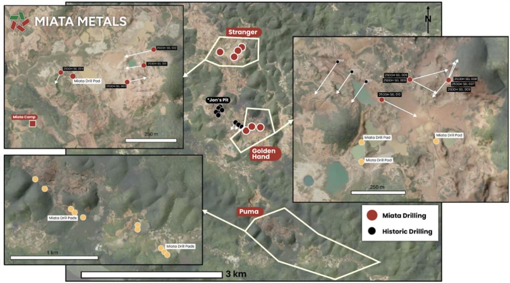 Map showing the drill collars of holes drilled to date and prepared drill pads at the Sela Creek Gold Project, Suriname.