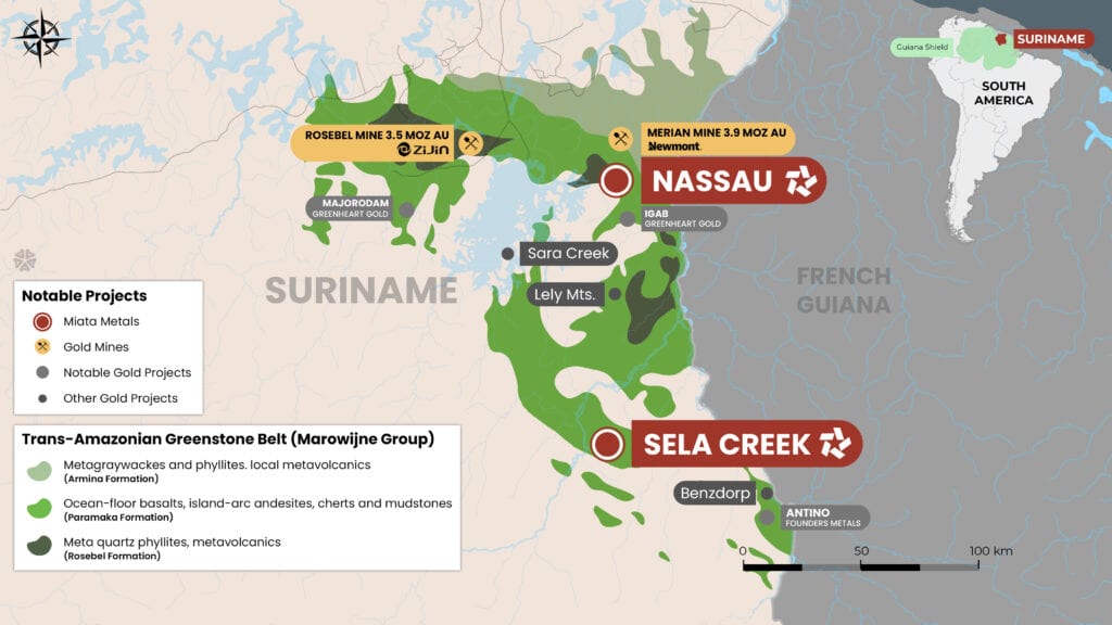 Location map of the Sela Creek and Nassau Gold Projects and other notable projects in Suriname.