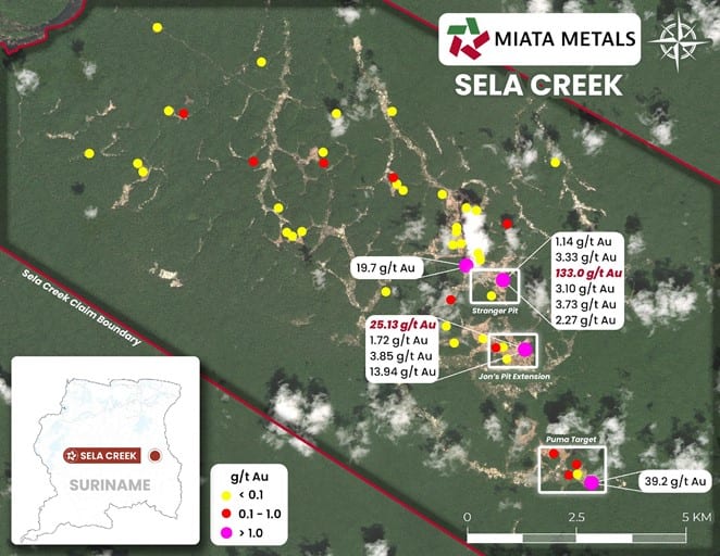 Sela Creek sampling program map, Q3 2024, showing sample locations and gold assay results.