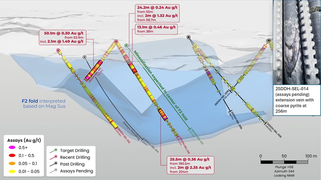 Golden Hand drilling outlining a large open fold superimposed on the folds hosting gold at the Jons trend, with drill hole 25DDH-SEL-017 testing the interference structural trap.