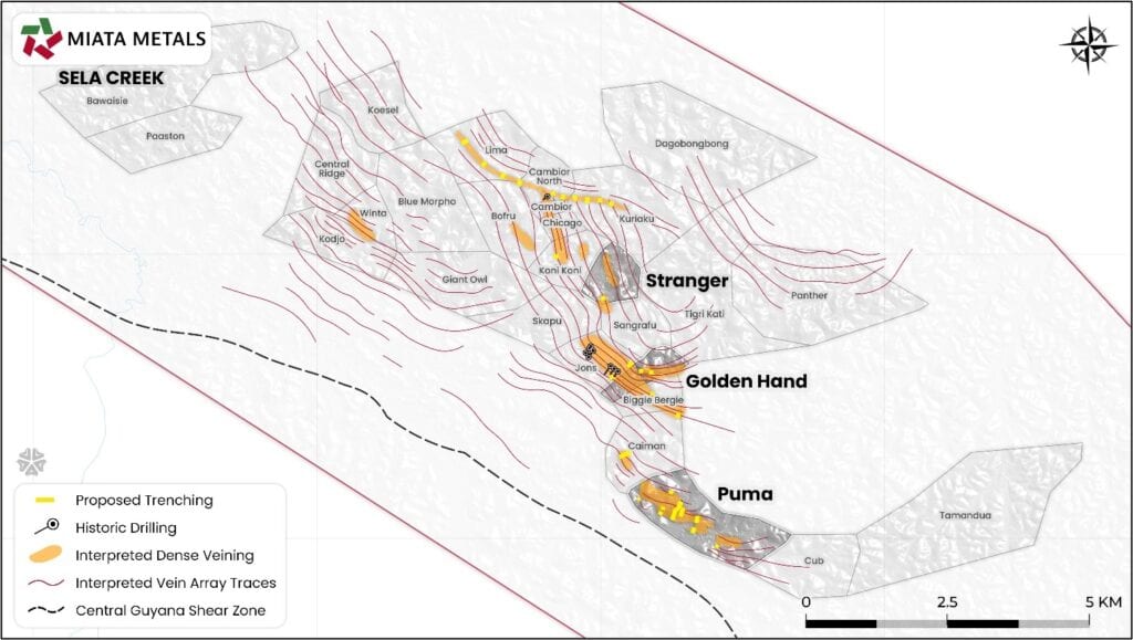 Target areas overlain on LiDAR data at the Sela Creek Gold Project, showing the very-high confidence drill-ready Stranger, Golden Hand and Puma targets among more than ten interpreted vein-array targets.