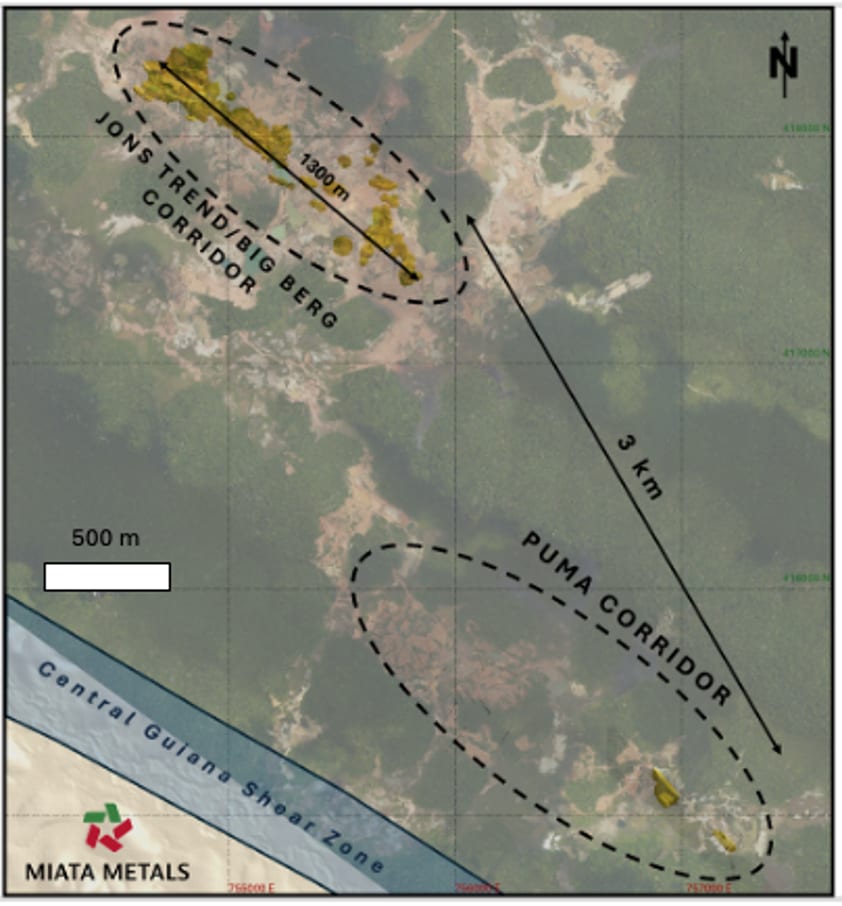 Overview map of the Puma Corridor in comparison to the Jons Trend-Big Berg Corridor, Sela Creek Gold Project, Suriname.