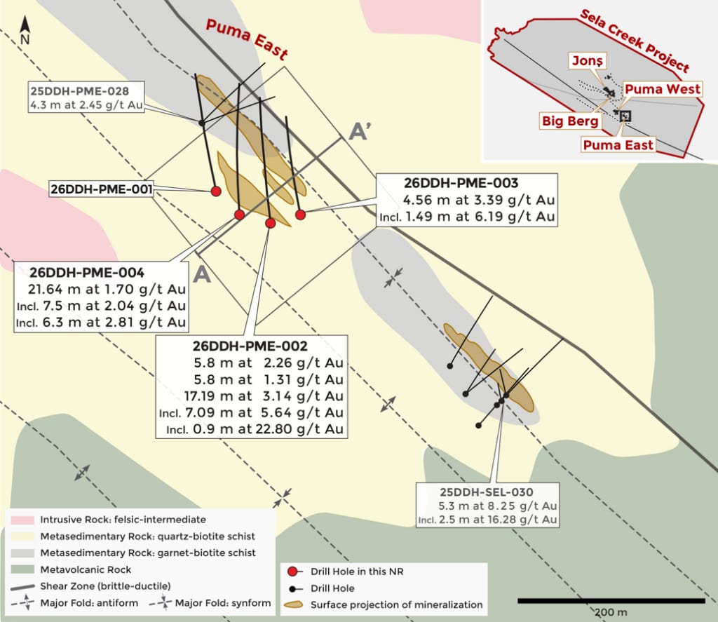Plan view of Puma East showing the location of geological section A-A' and dashed fold-axis lines trending towards 2025 drilling.