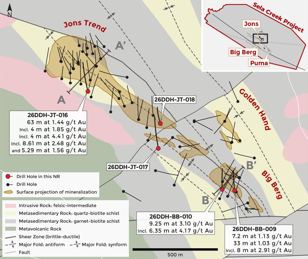 Plan view of Jons Trend and Big Berg at the Sela Creek Gold Project showing the section lines A-A' and B-B' used for the geological cross sections in Figures 2 and 3.