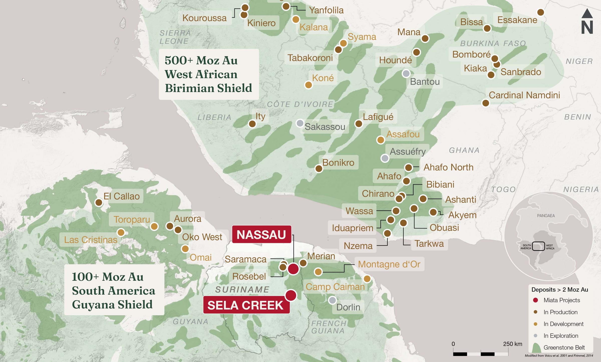 Palaeogeographic reconstruction joining South America's Guiana Shield with the West African Birimian Shield in Pangaea, showing continuous greenstone gold belts and major deposits over 2 million ounces; Miata's Sela Creek and Nassau projects marked on the Guiana Shield beside the Merian and Rosebel mines