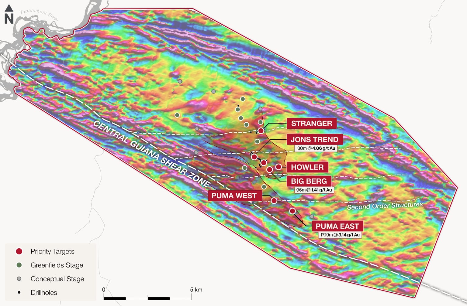 The same Sela Creek prospect areas over the magnetic survey