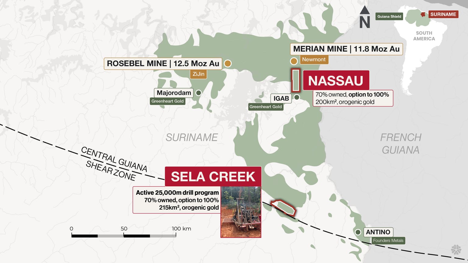 Regional map of eastern Suriname on the Guiana Shield greenstone belts, showing Miata's Sela Creek (215 km²) and Nassau (200 km²) concessions beside the producing Merian (11.8 Moz) and Rosebel (12.5 Moz) mines, the Antino project, and the Central Guiana Shear Zone